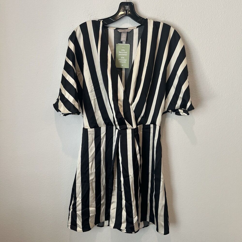 H&M Black and Cream Striped Satin Wrap Mini Dress M Party Whimsigoth Vacation